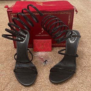 Rene Caovilla Super Cleo Black Strass Sandal Heel Sz 41